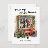 ヴィンテージ赤トラックと犬のクリスマス シーズンポストカード (正面/裏面)