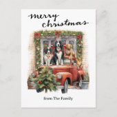 ヴィンテージ赤トラックと犬のクリスマス シーズンポストカード (正面)