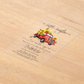 ヴィンテージ赤トラックひまわり赤ちゃんシャワー アクリル招待状 (レイダウン)