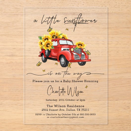 ヴィンテージ赤トラックひまわり赤ちゃんシャワー アクリル招待状 (正面)