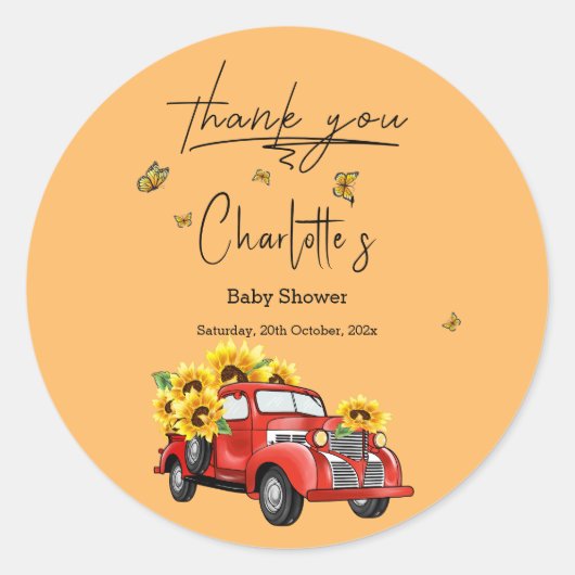 ヴィンテージ赤トラックひまわり赤ちゃんシャワー ラウンドシール (正面)