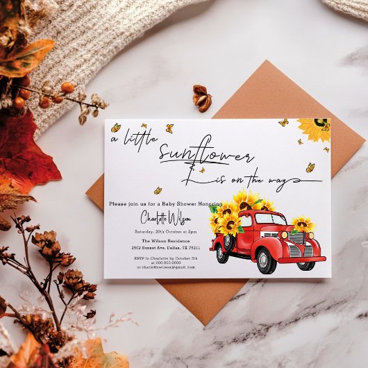 ヴィンテージ赤トラックひまわり赤ちゃんシャワー 招待状