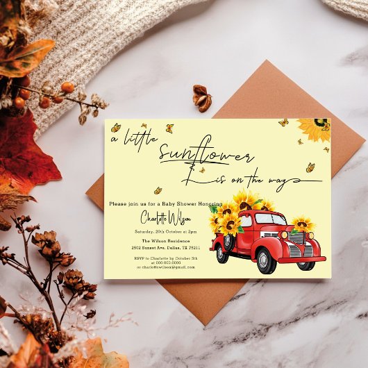 ヴィンテージ赤トラックひまわり赤ちゃんシャワー 招待状