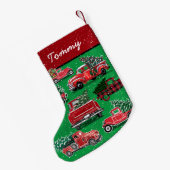ヴィンテージ赤トラックパターンの緑の追加の名前 スモールクリスマスストッキング (裏面 (吊り時))