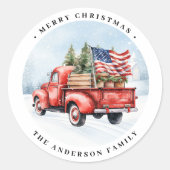 ヴィンテージ赤トラック愛国国旗メリークリスマス ラウンドシール (正面)