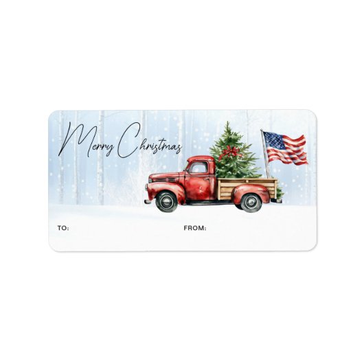 ヴィンテージ赤トラック愛国心メリークリスマスプレゼント ラベル (正面)