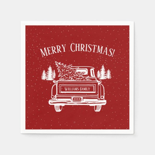 ヴィンテージ赤トラック白メリークリスマス スタンダードカクテルナプキン (正面)