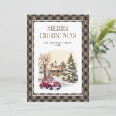 ヴィンテージ赤トラック雪の格子陽気なクリスマスカード シーズンカード (スタンド正面)