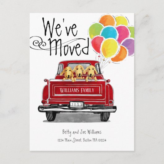 ヴィンテージ赤トラック風船ラブラドール犬の移動 案内ポストカード (正面)