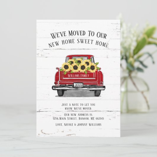 ヴィンテージ赤トラック黄色ひまわり素朴動く 案内状 (スタンド正面)