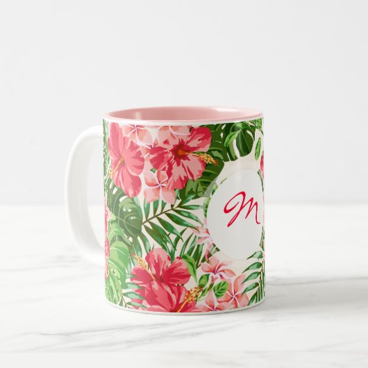 ヴィンテージ赤ハイビスカスパターンモノグラムマグ ツートーンマグカップ (正面左)