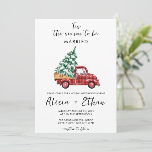 ヴィンテージ赤バッファロー格子状トラック結婚のクリスマス 招待状 (スタンド正面)