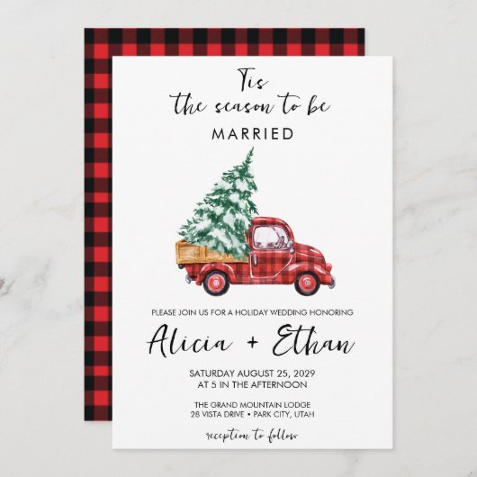 ヴィンテージ赤バッファロー格子状トラック結婚のクリスマス 招待状 (正面/裏面)