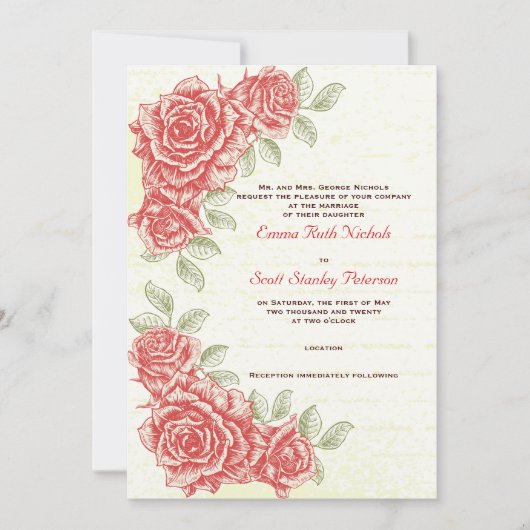 ヴィンテージ赤バラのカスタムウェディング 招待状 (正面)
