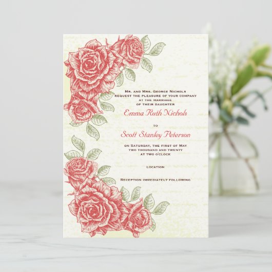 ヴィンテージ赤バラのカスタムウェディング 招待状 (スタンド正面)