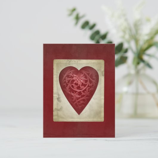 ヴィンテージ赤バレンタインフローラハートはがき シーズンポストカード (スタンド正面)