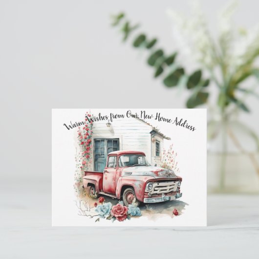ヴィンテージ赤ピックアップトラック引っ越しました葉書 ポストカード (スタンド正面)