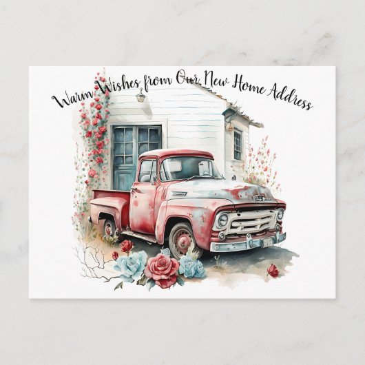 ヴィンテージ赤ピックアップトラック引っ越しました葉書 ポストカード (正面)