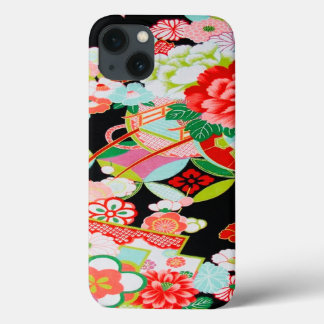 ヴィンテージ赤ピンク黒日本の着物フローラ iPhone 13ケース