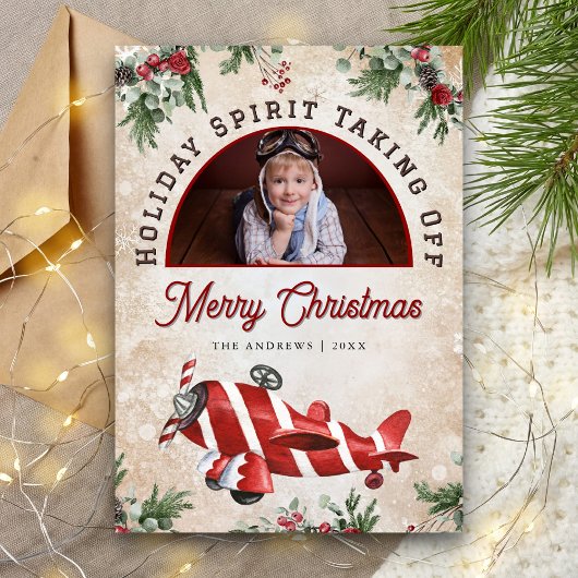 ヴィンテージ赤フェスティバル飛行機アーチ写真クリスマス シーズンカード