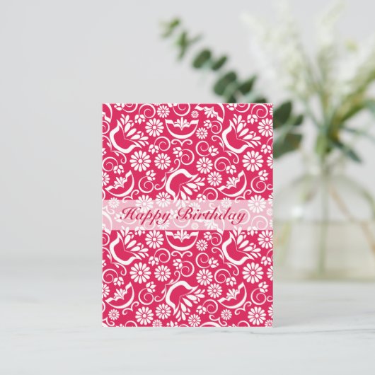 ヴィンテージ赤フローラハッピーバースデー葉書 ポストカード (スタンド正面)