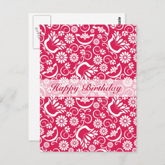 ヴィンテージ赤フローラハッピーバースデー葉書 ポストカード (正面/裏面)