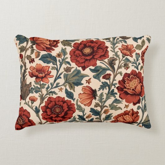 ヴィンテージ赤フローラルパターン アクセントクッション (正面)