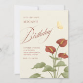 ヴィンテージ赤フローラ植物誕生日 招待状 (正面)