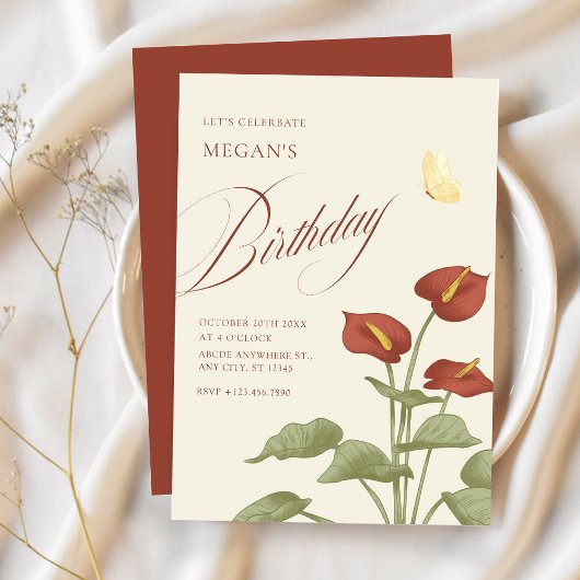 ヴィンテージ赤フローラ植物誕生日 招待状