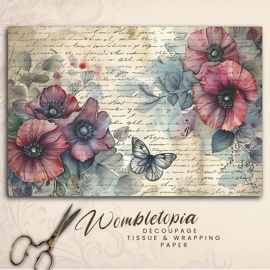 ヴィンテージ赤ポピー&バタフライウォーターカラーデコップ 薄葉紙