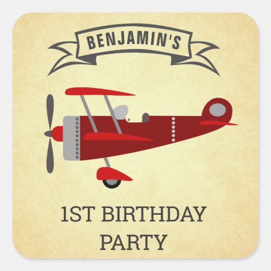 ヴィンテージ赤レトロ機誕生日パーティーのお気に入り スクエアシール (正面)