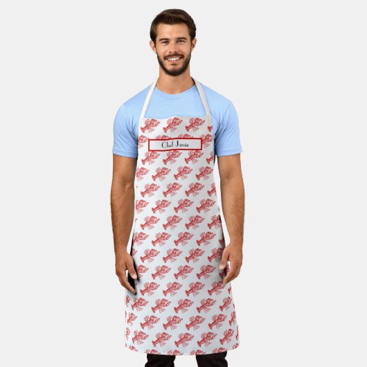 ヴィンテージ赤ロブスター#1スケッチ エプロン (着用した状態)