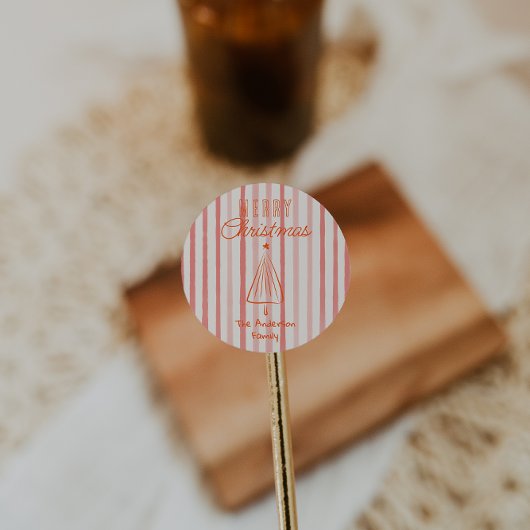 ヴィンテージ赤手引きクリスマスツリー抽象芸術 ラウンドシール