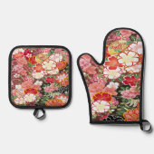 ヴィンテージ赤日本の着物フローラ花 鍋つかみ&鍋敷きセット (正面)