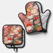 ヴィンテージ赤日本の着物フローラ花 鍋つかみ&鍋敷きセット (正面/裏面)