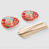 ヴィンテージ赤日本の黄フローラ花 ハンドファン (組立なし)