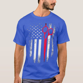 ヴィンテージ赤白シザーアメリカ国旗の理容師 Tシャツ