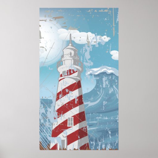ヴィンテージ赤白灯台ポスタグランジープリント ポスター (正面)