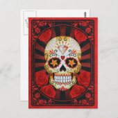 ヴィンテージ赤糖スカルとバラポスター ポストカード (正面/裏面)