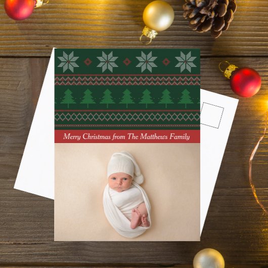 ヴィンテージ赤緑アーガイルクリスマスツリー写真 ポストカード