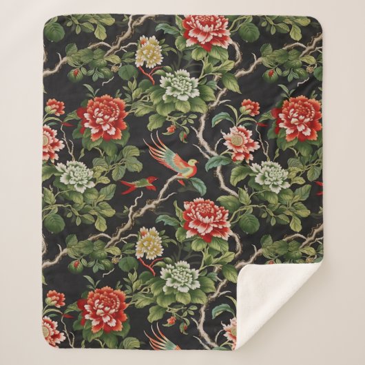 ヴィンテージ赤緑色珍重フローラ シェルパブランケット (正面)