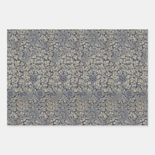 ヴィンテージ赤色青色鳥及びアネモネモリス模様 ラッピングペーパーシート (正面3)