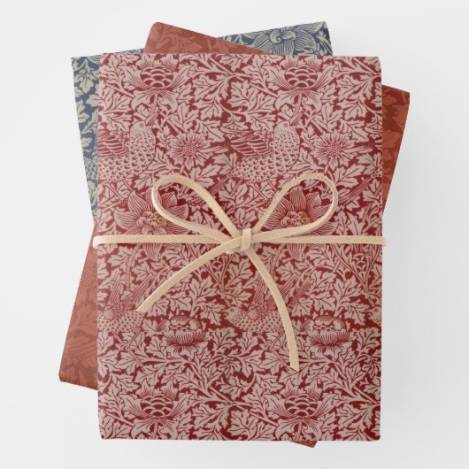 ヴィンテージ赤色青色鳥及びアネモネモリス模様 ラッピングペーパーシート (インサイチュ)