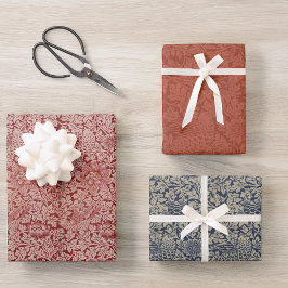 ヴィンテージ赤色青色鳥及びアネモネモリス模様 ラッピングペーパーシート