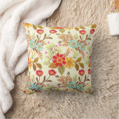 ヴィンテージ赤茶色の緑のフローラキャンバスパターン クッション (ブランケット)