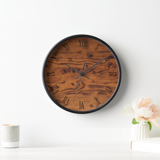 ヴィンテージ赤褐色の燃えた木材ローマ数字 壁時計 (ホーム)