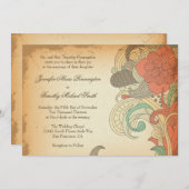 ヴィンテージ赤褐色フローラ旋回結婚式招待状 招待状 (正面/裏面)