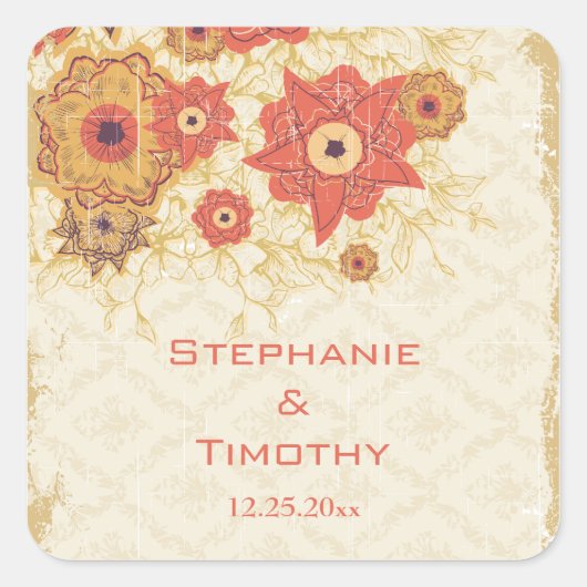ヴィンテージ赤金ゴールドケシ花結婚式用シール スクエアシール (正面)