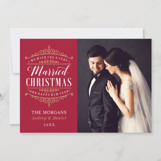 ヴィンテージ赤金ゴールド結婚したクリスマス結婚の写真 シーズンカード (正面)