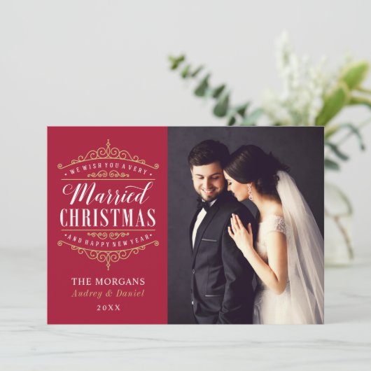 ヴィンテージ赤金ゴールド結婚したクリスマス結婚の写真 シーズンカード (スタンド正面)